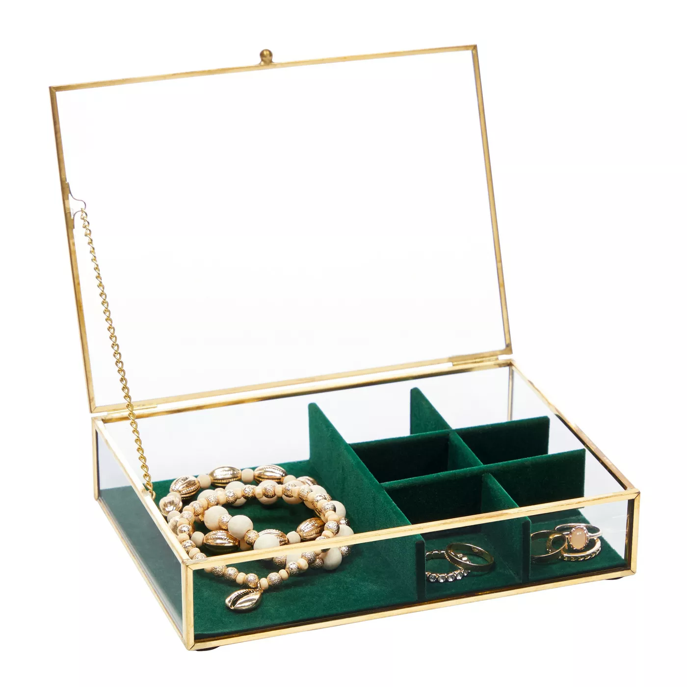 Juvale Clear Glass Jewelry Box with Lid and Green Velvet Compartments, Gold Display Case.