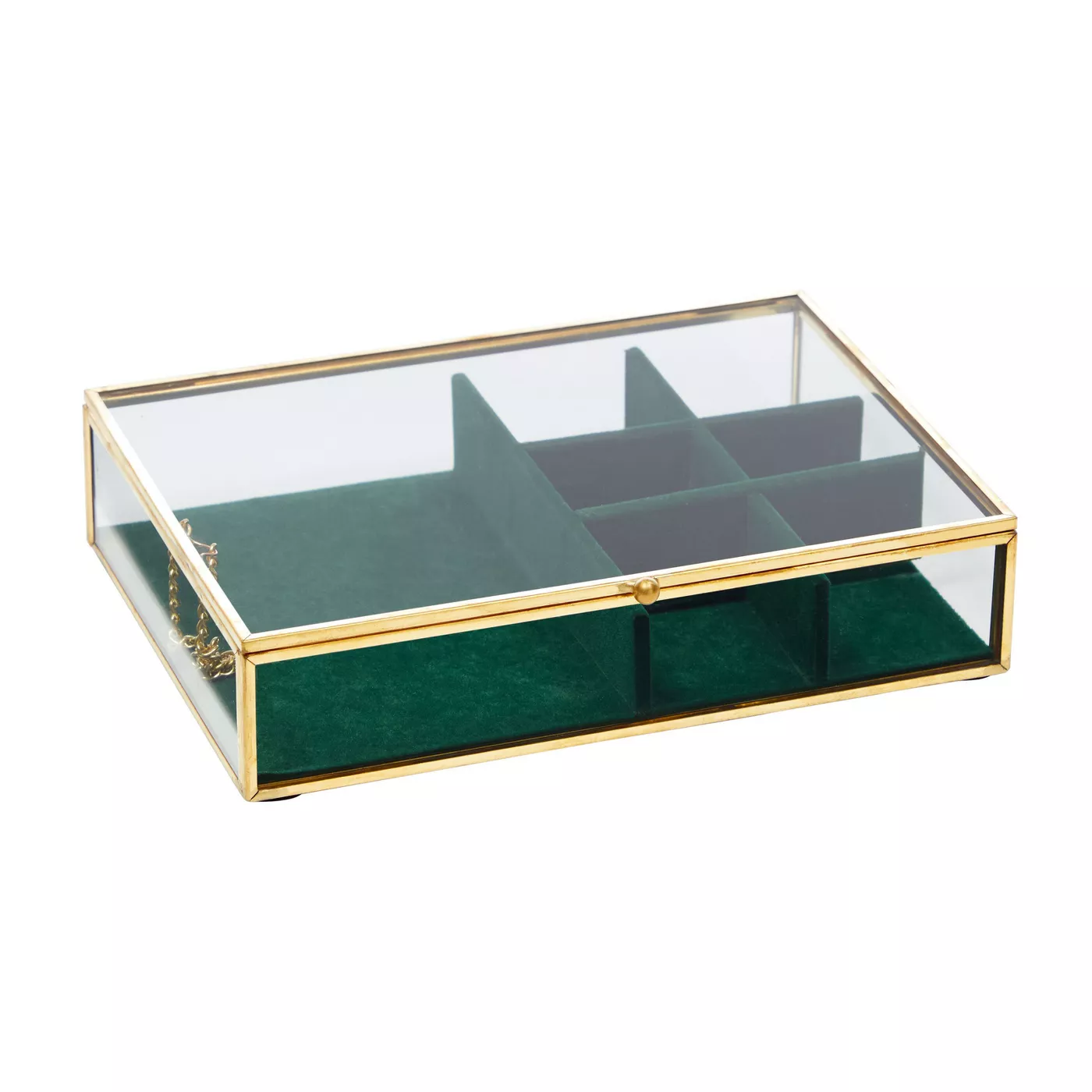 Juvale Clear Glass Jewelry Box with Lid and Green Velvet Compartments, Gold Display Case.
