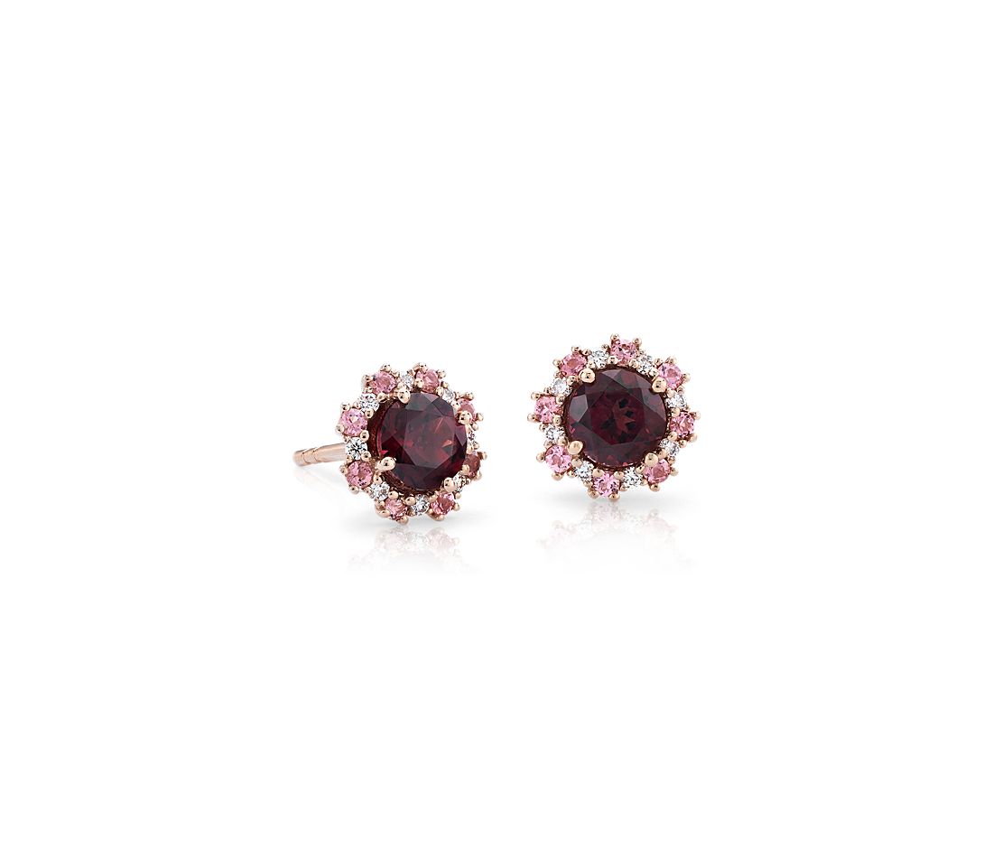 Garnet Earrings with Pink Tourmaline and Diamond Halo in 14k Rose Gold.