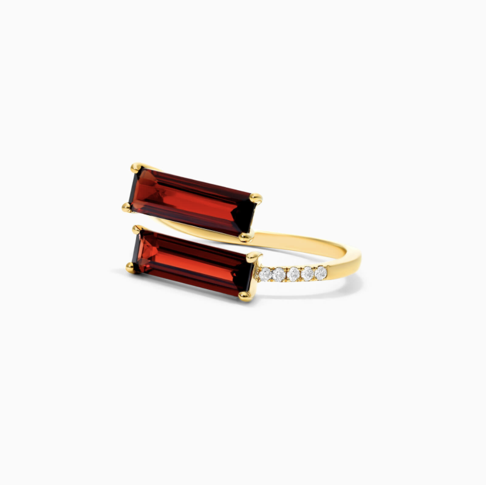 14K Yellow Gold Bypass Duo Garnet And Diamond Ring.