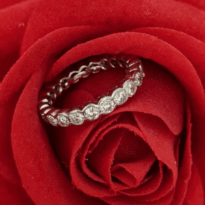 White diamond eternity ring with red rose petals.