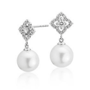 Petite Floral Freshwater Cultured Pearl and Diamond Earrings in 14k White Gold.