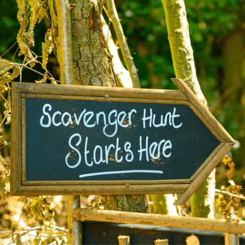 A tree lined path with a chalk board arrow shaped sign stating "Scavenger Hunt Starts Here."