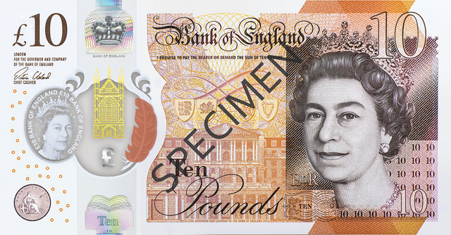 A UK 10 pound note.