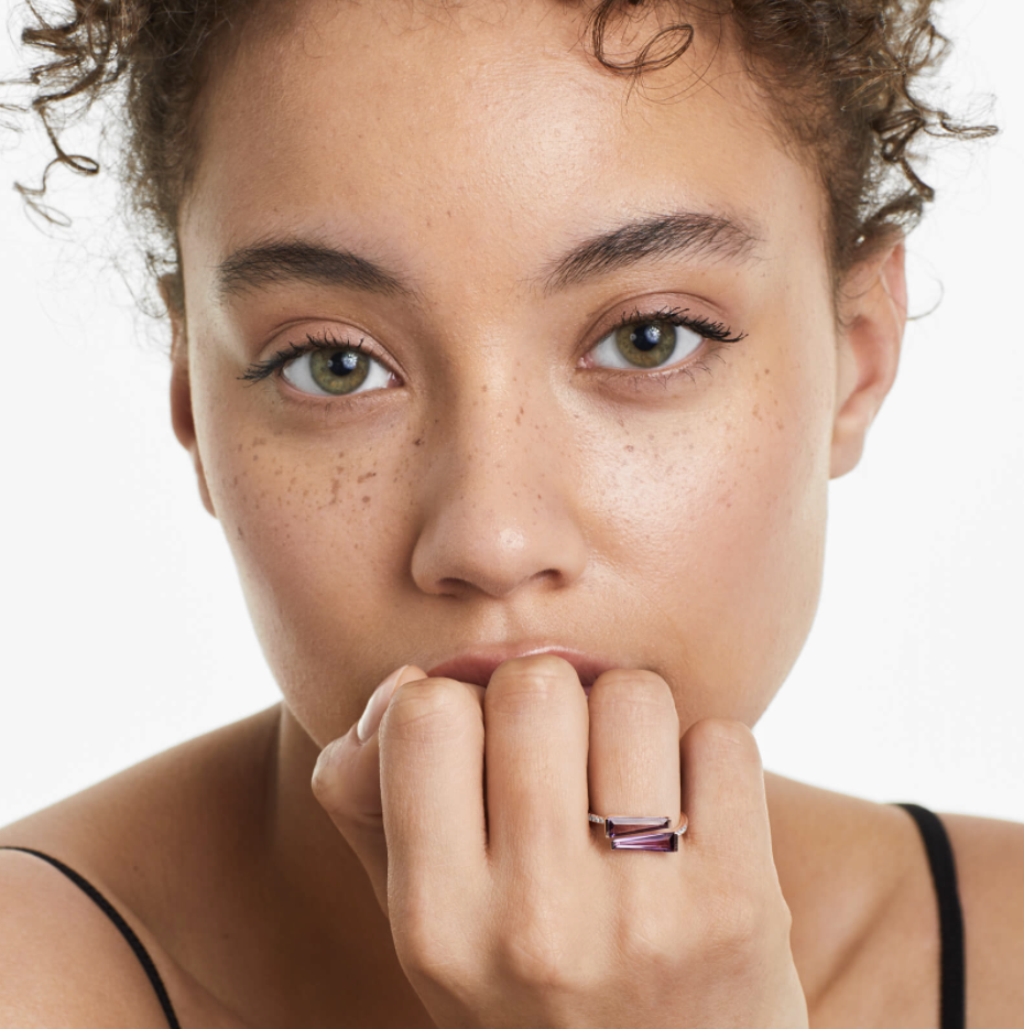 14K Rose Gold Bypass Duo Amethyst And Diamond Ring By Brevani.