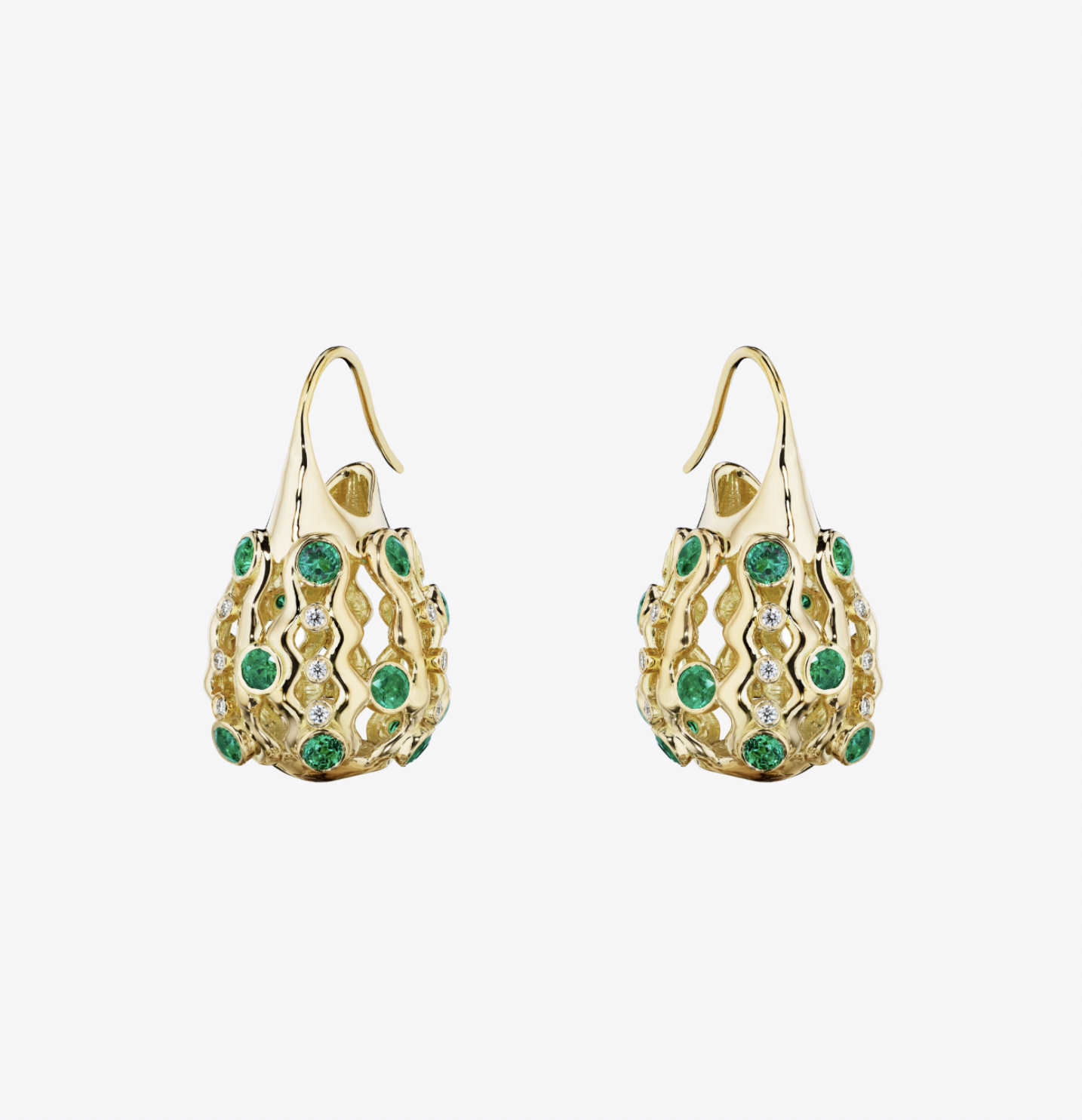 18k Gold Basket Drops with Emerald and Diamond.