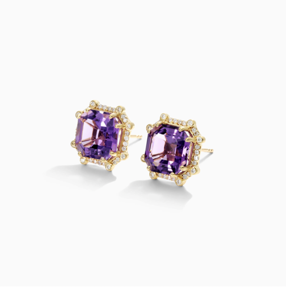 18K Yellow Gold Octagon Amethyst And Diamond Frame Earrings.