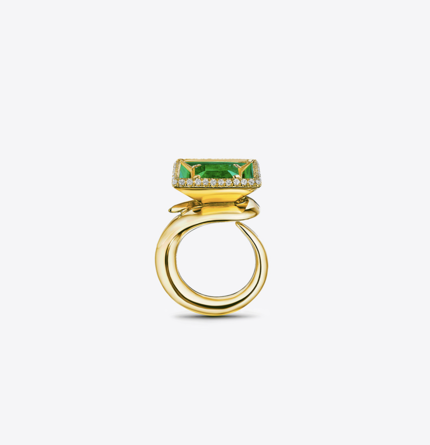 18k Gold Pavilion Ring with Emerald Diamond Trim Malachite.