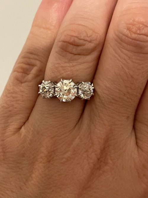 Three-stone diamond ring on a hand.