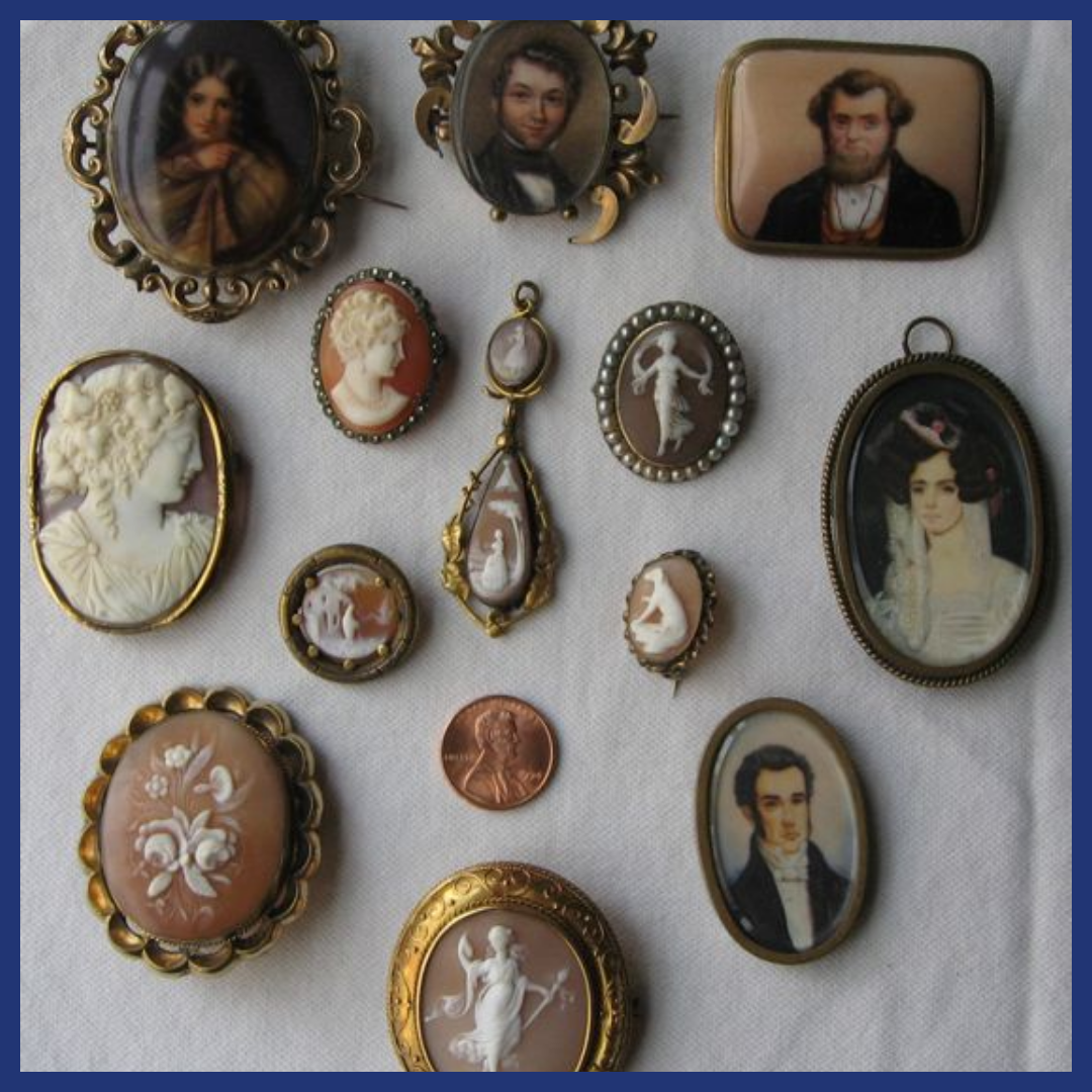 Collection of cameo and portrait pendants.