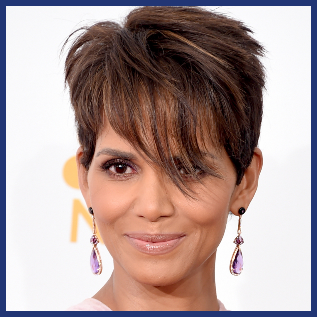 Halle Berry wearing Amethyst earrings.