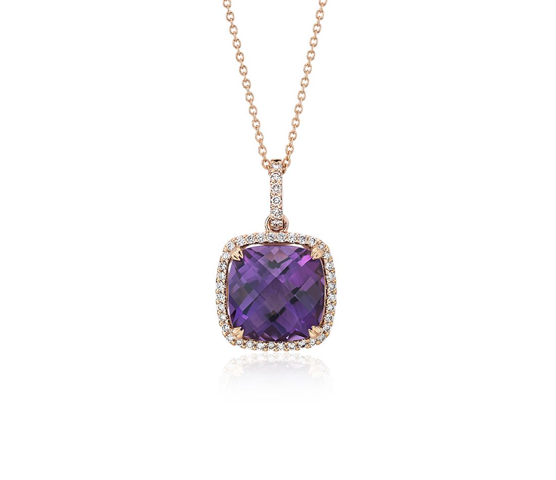 Cushion Cut Amethyst Pendant with Diamond Halo in 14k Rose Gold.