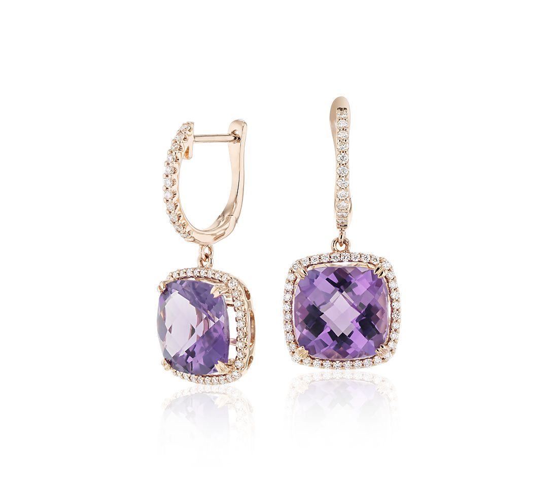 Cushion Cut Amethyst and Diamond Halo Drop Earrings in 14k Rose Gold.