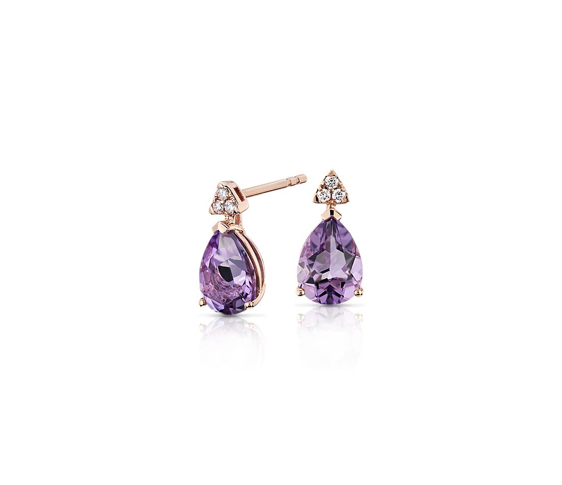 Pear-Shaped Amethyst Earrings with Diamond Trio in 14k Rose Gold.