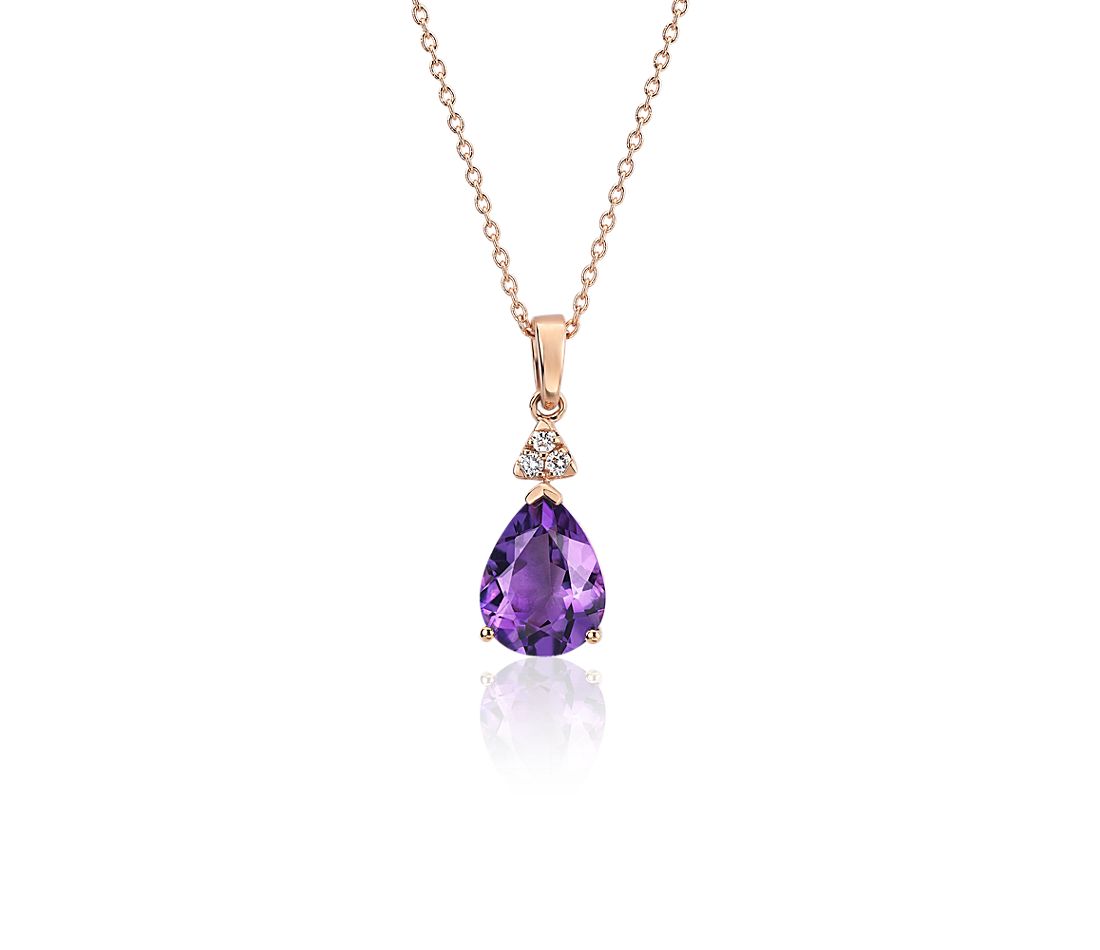 Pear-Shaped Amethyst Pendant with Diamond Trio in 14k Rose Gold.