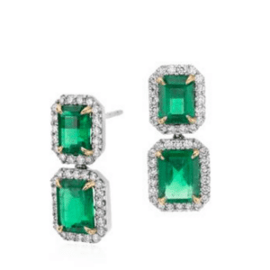 Emerald-Cut Emerald Diamond Pavé Drop Earrings in 18k White Gold.