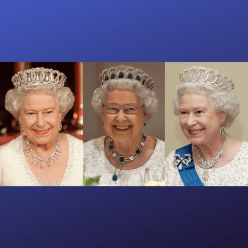 3 images of Queen Elizabeth II in different times of her life, wearing the same tiara.