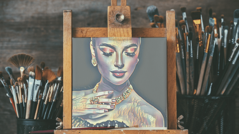 Jewelry in Art - an easel with a painting of a woman in jewels.