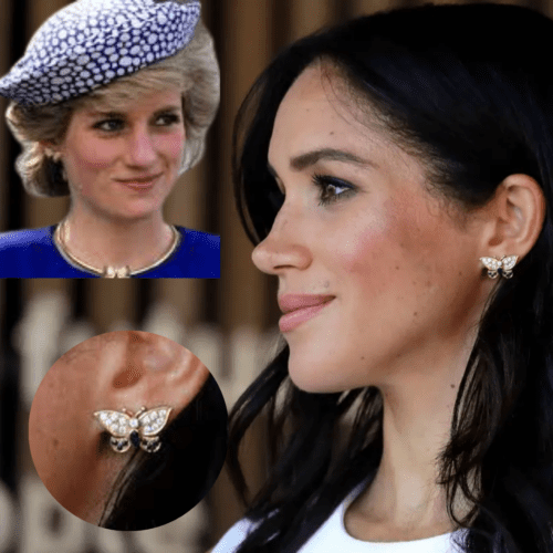 Meghan Markle, with Princess Diana inset, and butterfly earrings