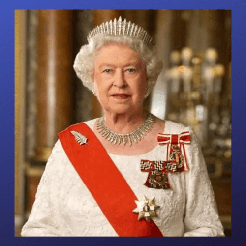 The Queen of England in her regalia.