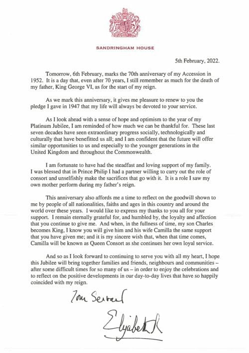 A letter to the world from the Queen of England