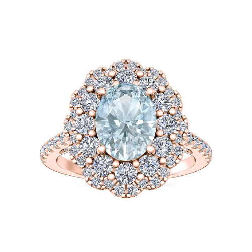 Vintage Diamond Halo Engagement Ring with Oval Aquamarine in 14k Rose Gold.