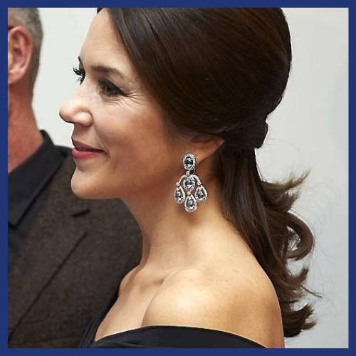 Crown Princess Mary wearing aquamarine chandelier earrings.
