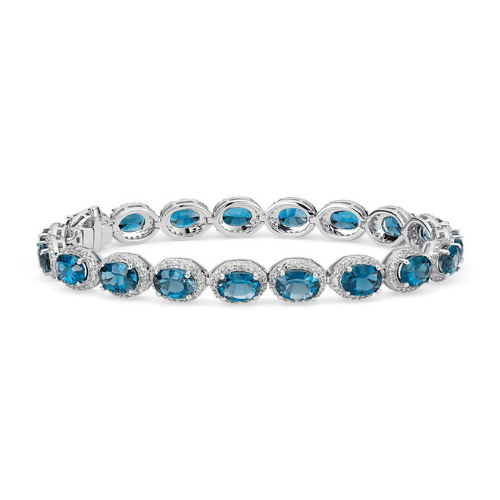 London Blue Topaz and White Topaz Halo Bracelet in Sterling Silver.