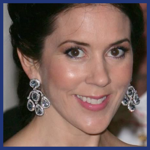 Crown Princess Mary wearing aquamarine chandelier earrings.