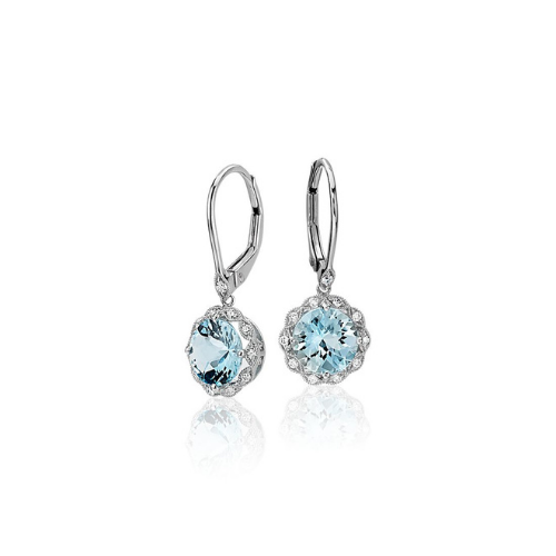 Aquamarine and Diamond Milgrain Halo Leverback Drop Earrings in 14k White Gold.