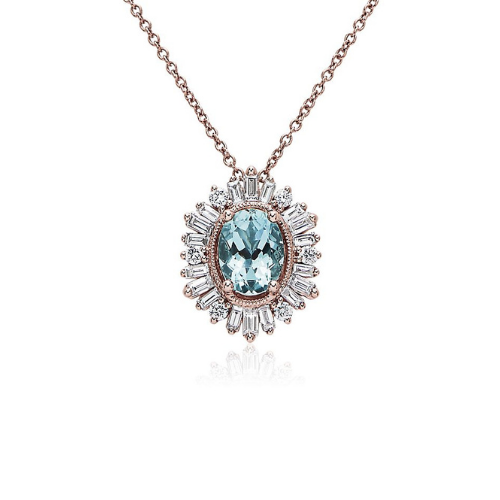 Oval Aquamarine Pendant with Baguette Halo in 14k Rose Gold.