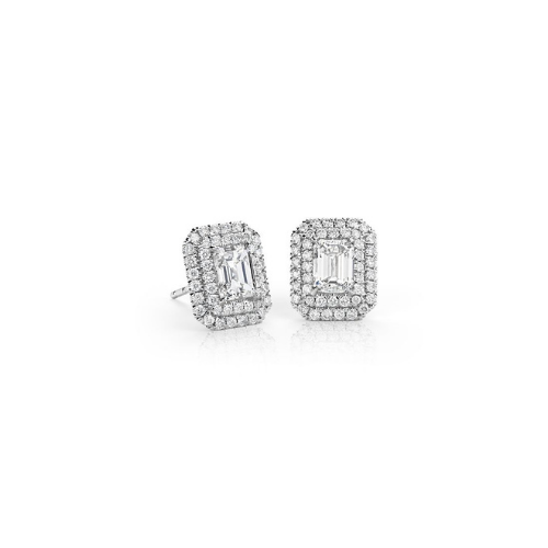 Emerald-Cut Diamond Double Halo Stud Earrings in 18k White Gold.
