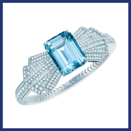 The Tiffany & Co. Blue Book collection aquamarine and diamond bracelet worn by Jessica Biel at the 2014 Academy Awards, inspired by Tiffany designs from the 1930s.