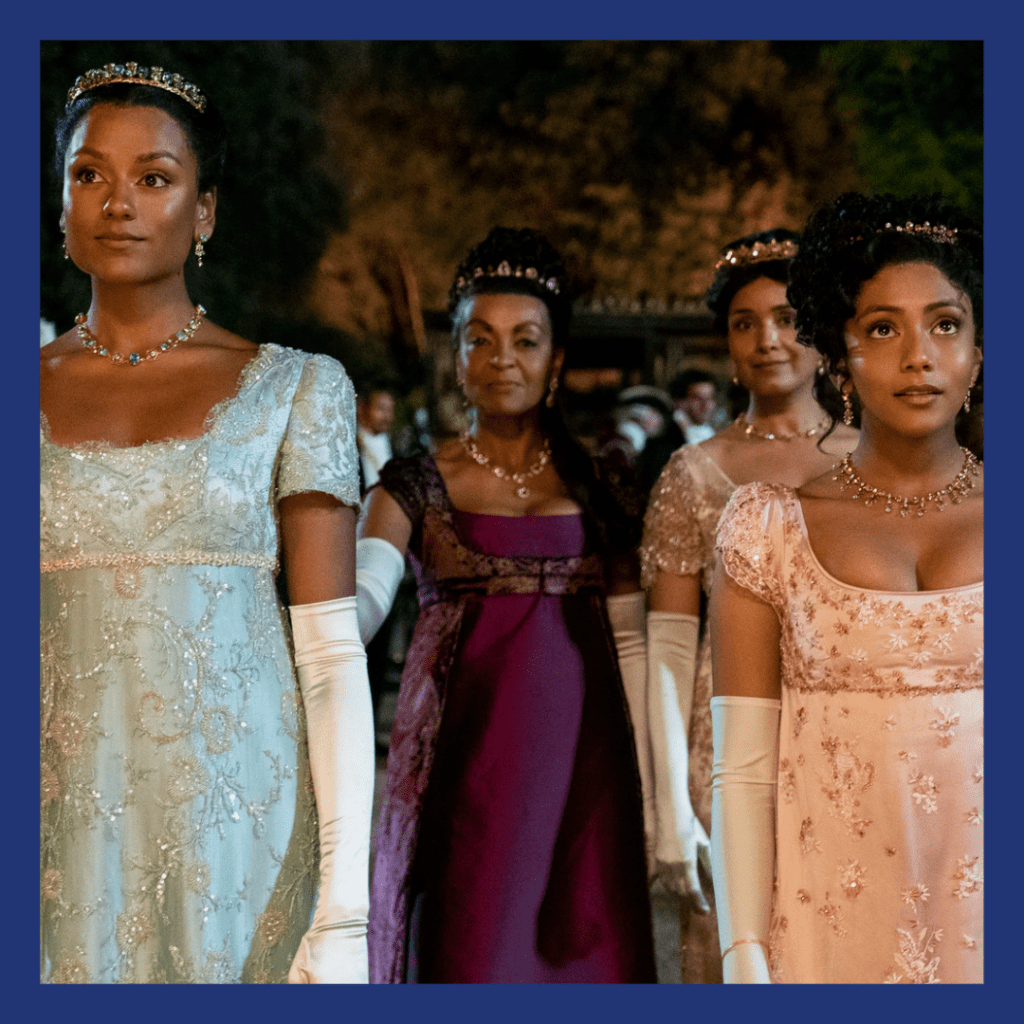 light brown complected women in regency era garb.