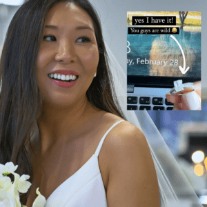 Asian woman in wedding gown, inset pic of a ring in front of a computer that says 