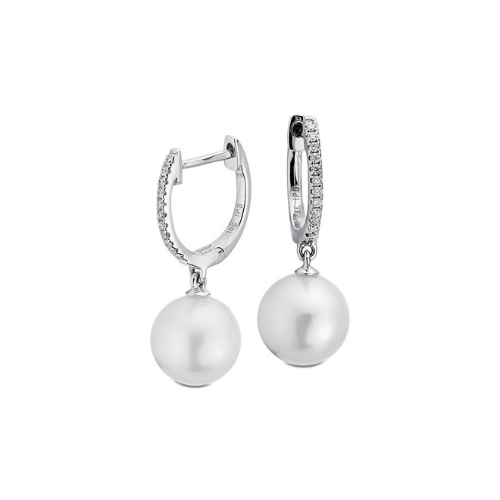 White South Sea Pearl Earrings with Diamond Hoops in 18k White Gold.