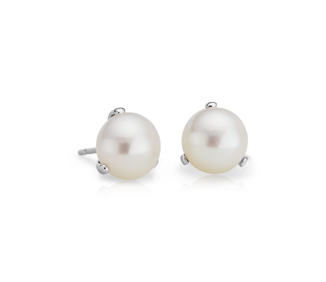 Freshwater Pearl Three Prong Earring Studs in 14k White Gold.