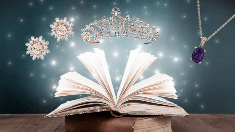 magical book with tiara, necklace, and earrings.