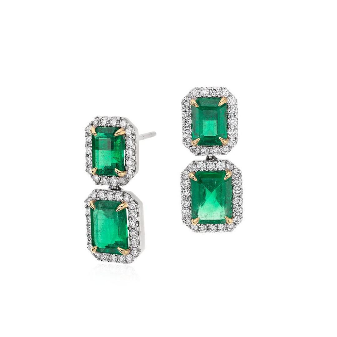 Emerald-Cut Emerald Diamond Pavé Drop Earrings in 18k White Gold.