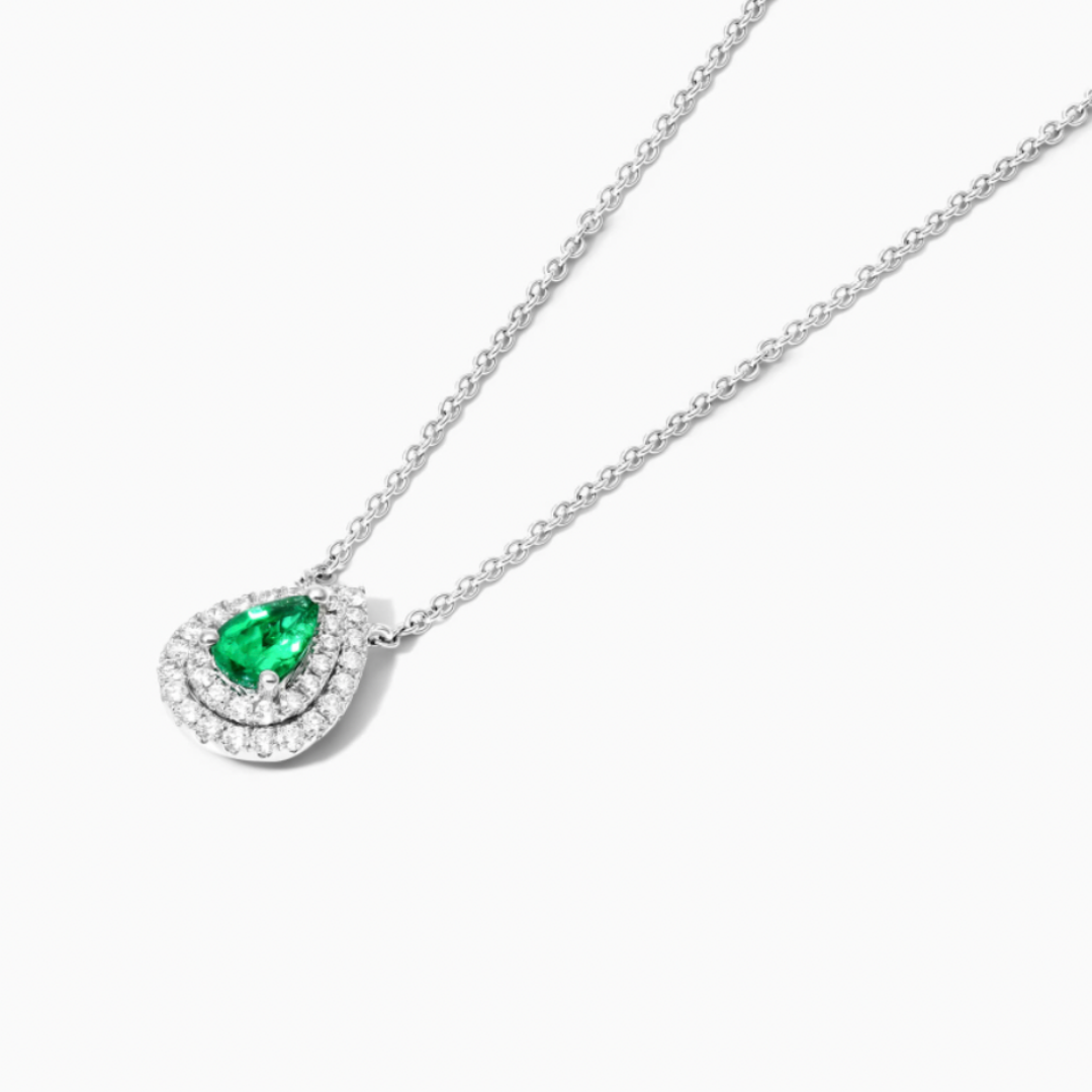 18K White Gold Pear Shape Emerald Double Diamond Halo Necklace.