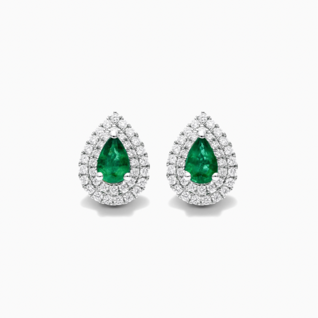 18K White Gold Pear Shape Emerald And Diamond Double Halo Earrings.