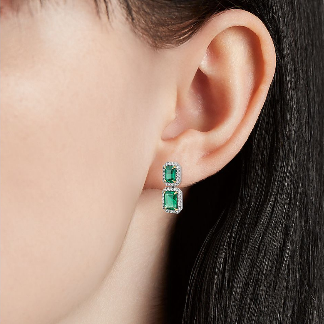 Emerald-Cut Emerald Diamond Pavé Drop Earrings in 18k White Gold.