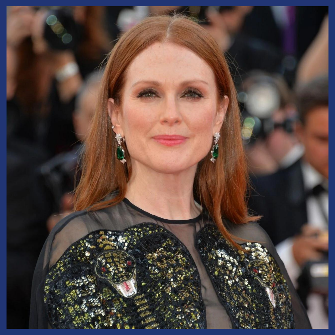 Julianne Moore in Chopard Diamond Earrings with Gemfields Emeralds at the 2016 Cannes Film Festival. 