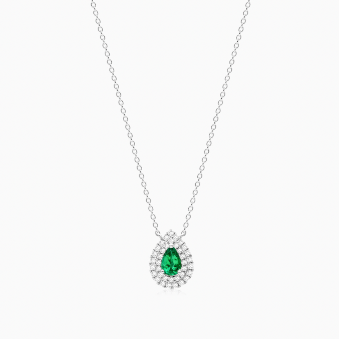 18K White Gold Pear Shape Emerald Double Diamond Halo Necklace.