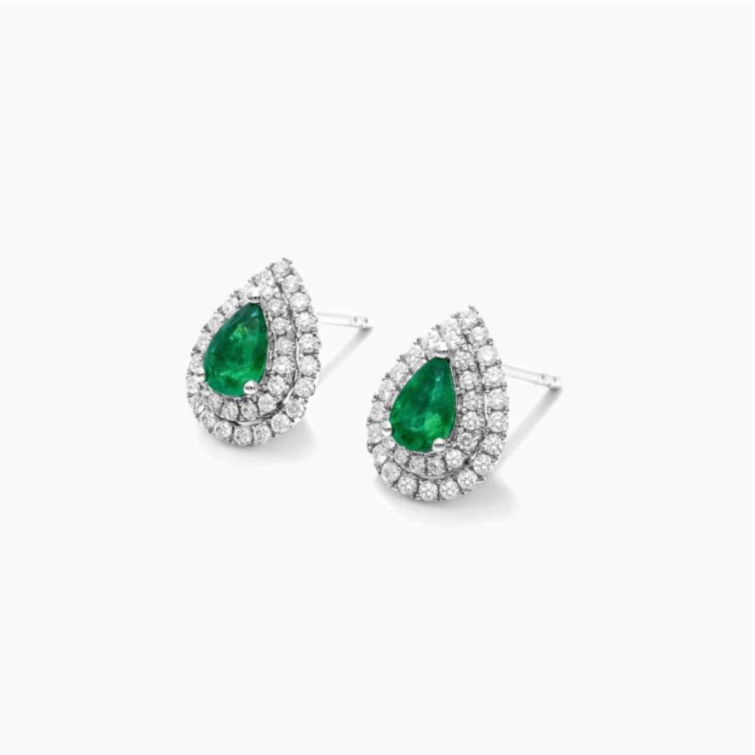 18K White Gold Pear Shape Emerald And Diamond Double Halo Earrings.