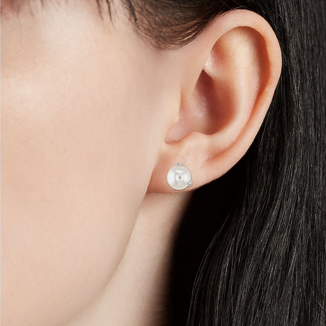 Freshwater Pearl Three Prong Earring Studs in 14k White Gold