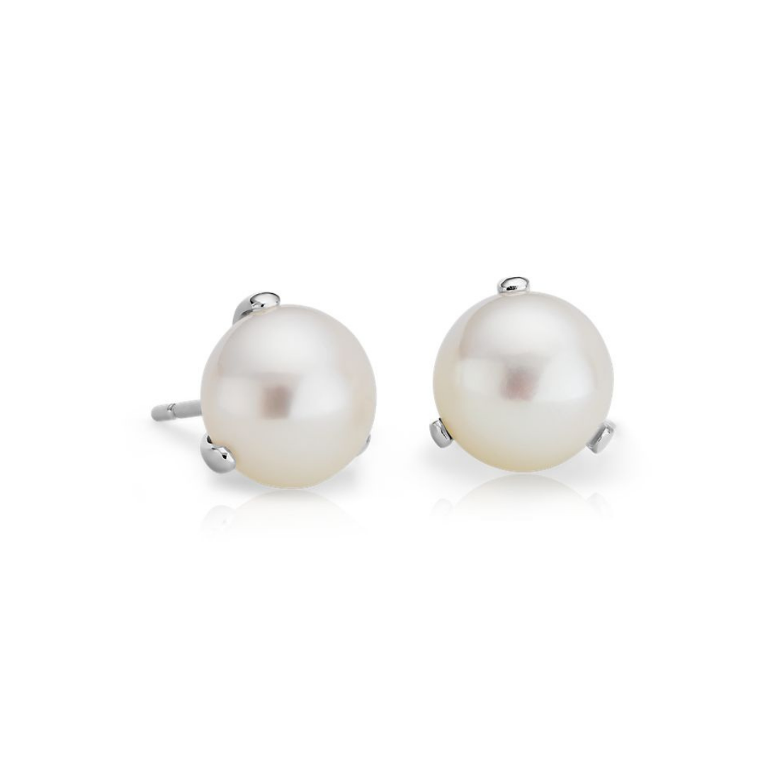 Freshwater Pearl Three Prong Earring Studs in 14k White Gold