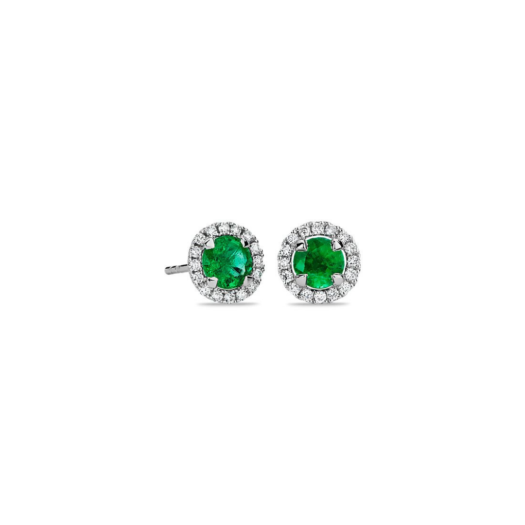 Emerald and Micropavé Diamond Halo Stud Earrings in 18k White Gold.