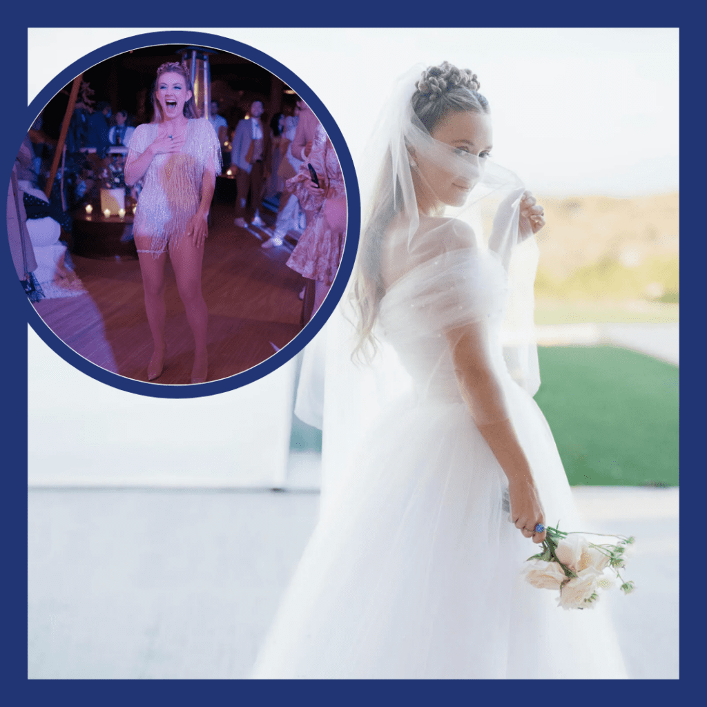 A woman in a wedding dress and inset a woman in a short dance costume.