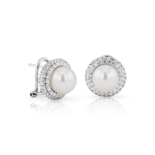 Classic Akoya Cultured Pearl Double Halo Diamond Earrings in 18k White Gold